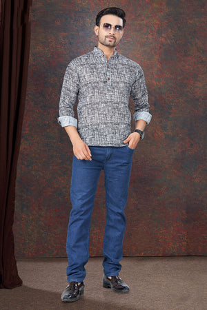 Grey Solid Linen Short Kurta