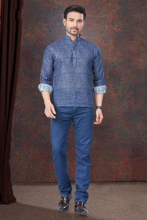 Navy-Blue Solid Linen Short Kurta
