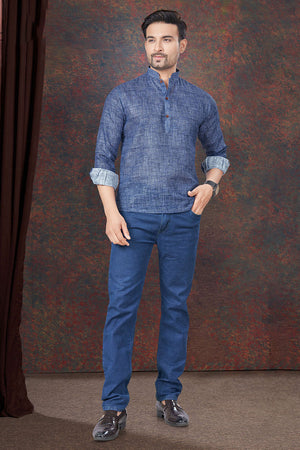 Navy-Blue Solid Linen Short Kurta