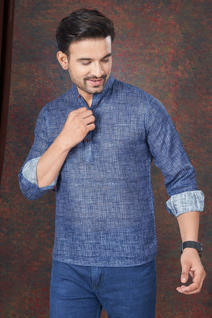 Navy-Blue Solid Linen Short Kurta