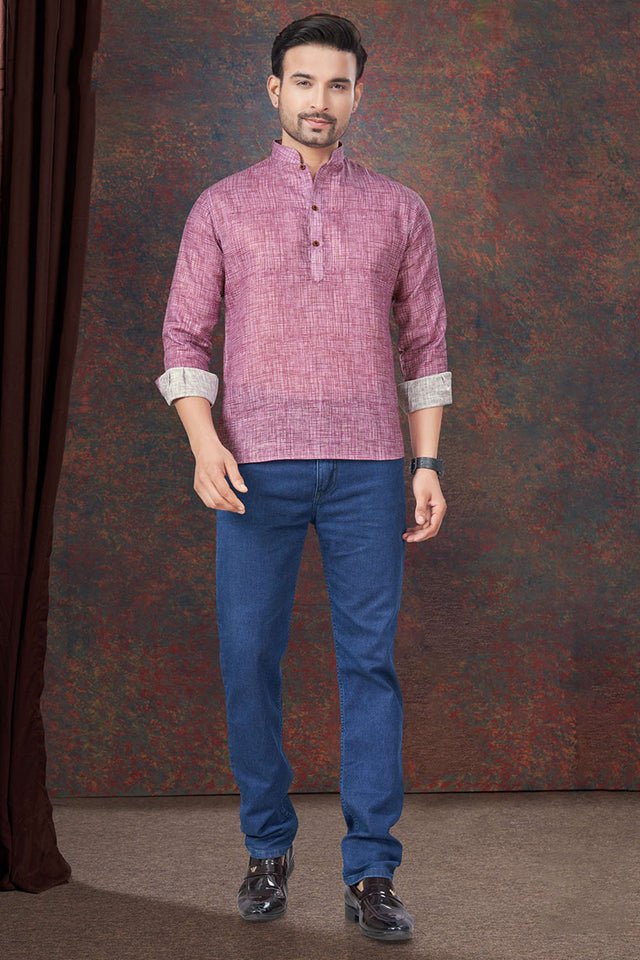 Pink Solid Linen Short Kurta