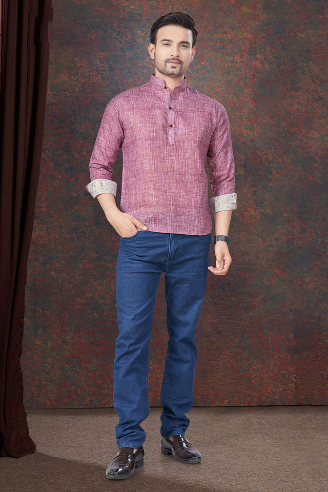 Pink Solid Linen Short Kurta
