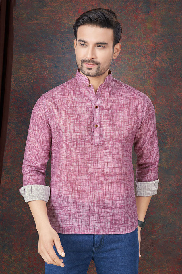 Pink Solid Linen Short Kurta