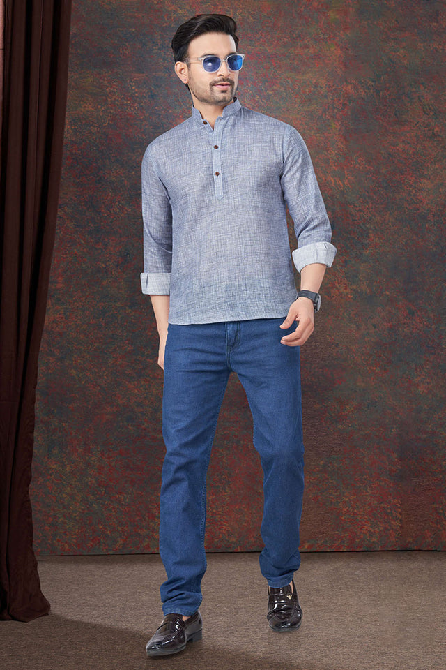 Grey Solid Linen Short Kurta