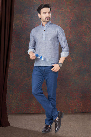 Grey Solid Linen Short Kurta