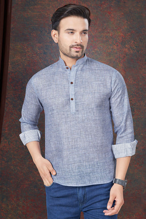 Grey Solid Linen Short Kurta
