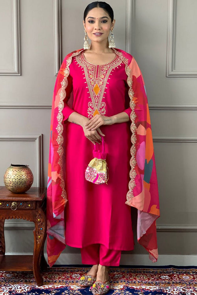 Pink Floral Embroidered Viscose Kurti Pant Set (SKC-546)