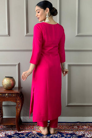 Pink Floral Embroidered Viscose Kurti Pant Set (SKC-546)