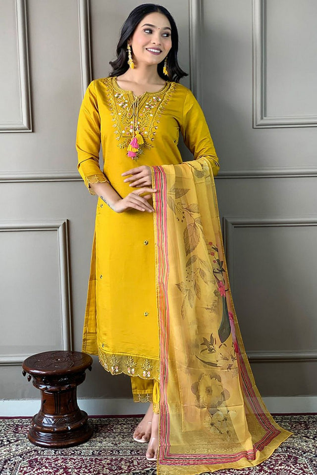 Yellow Floral Embroidered Rayon Kurti Pant Set (SKC-556)