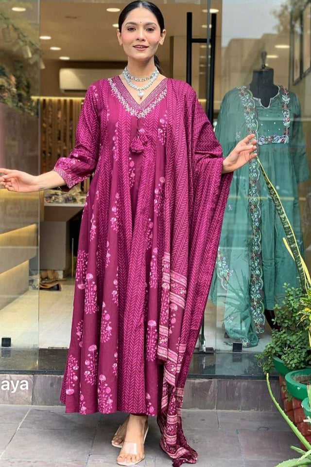 Wine Embroidered Rayon Kurti Pant Set (SKC-MAYA)