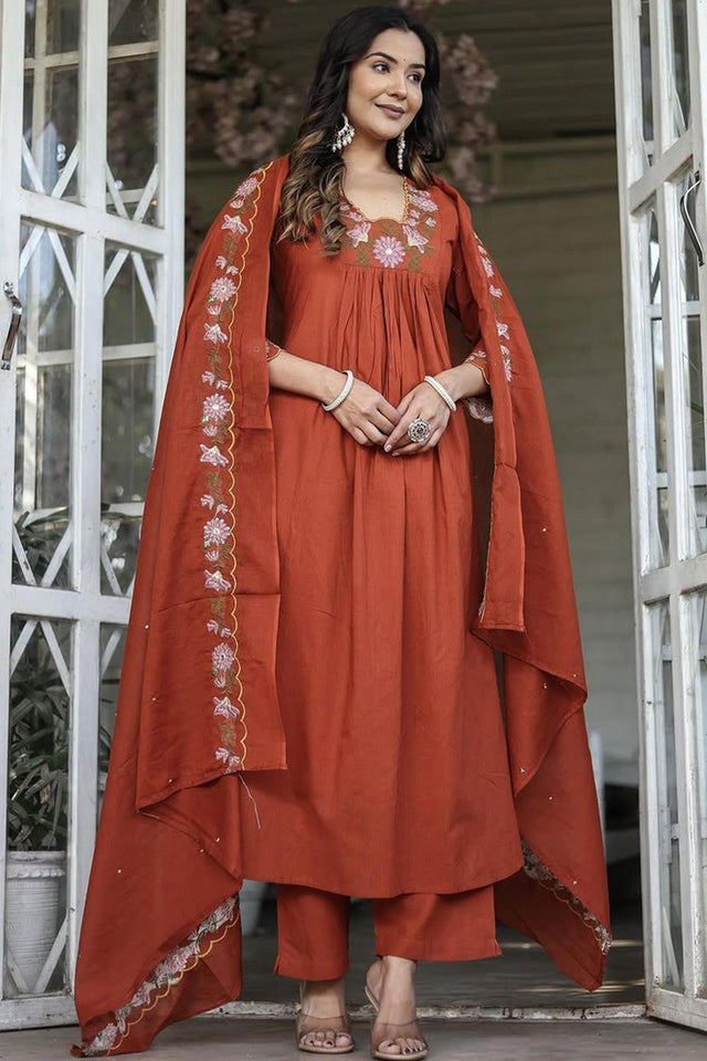 Orange Thread Work Rayon Kurti Pant Set (SKC-MOHINI)