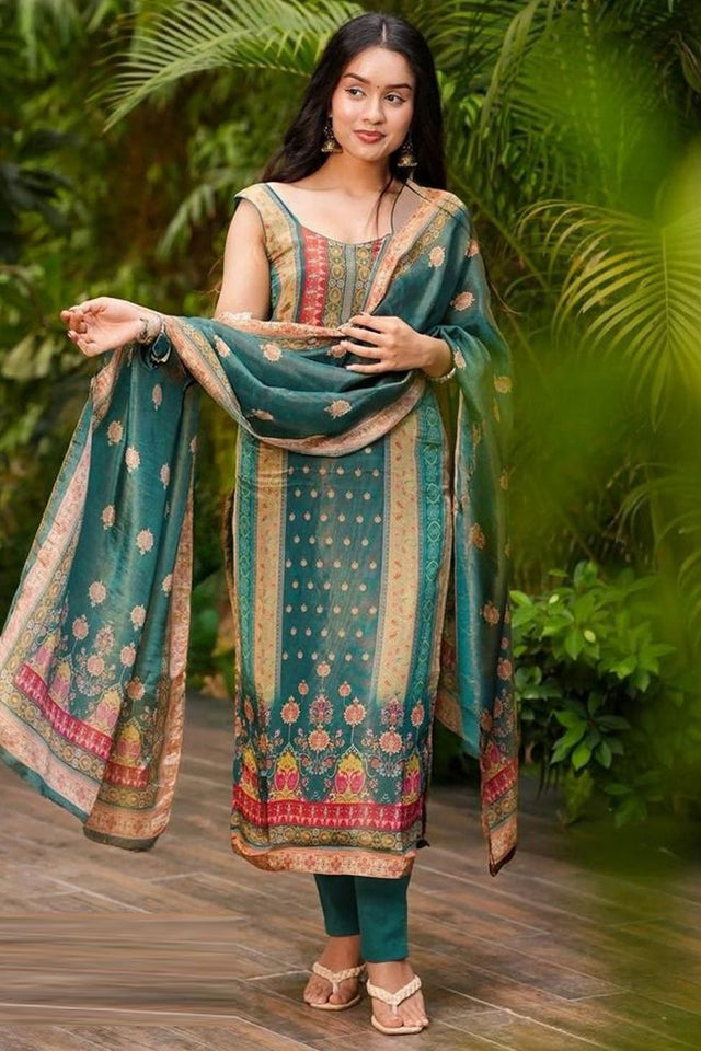 Green Floral Printed Silk Kurti Pant Set (SKC-VANNI)