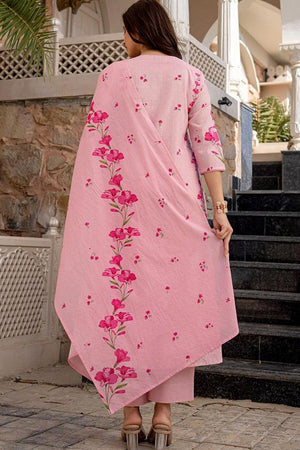 Pink Floral Embroidered Chanderi Kurti Pant Set (SKC-VRUNDA)