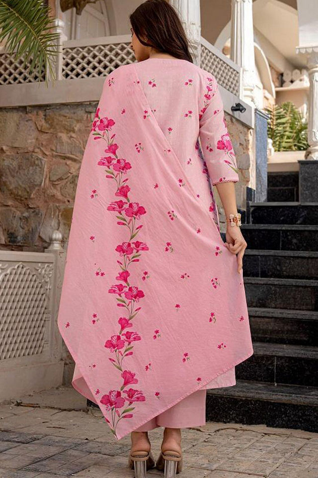 Pink Floral Embroidered Chanderi Kurti Pant Set (SKC-VRUNDA)