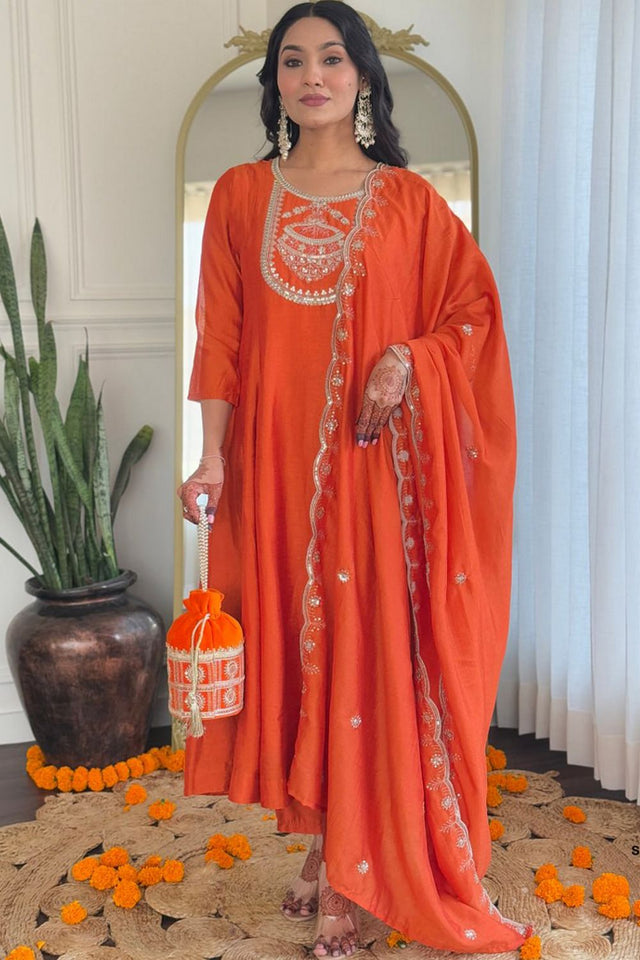 Orange Sequin Silk Kurti Pant Set (SKC- 658)
