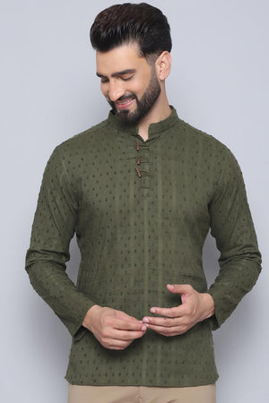 Men's Green Cotton Solid Short Kurta (SKF-DBY1259-GRC)