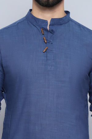 Men's Blue Cotton Solid Short Kurta