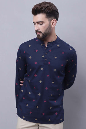 Men's Blue Cotton Check Print Short Kurta Top - L