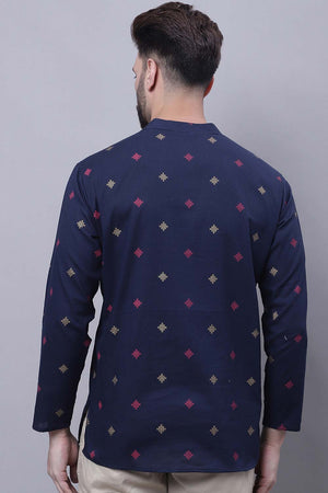 Men's Blue Cotton Check Print Short Kurta Top - L