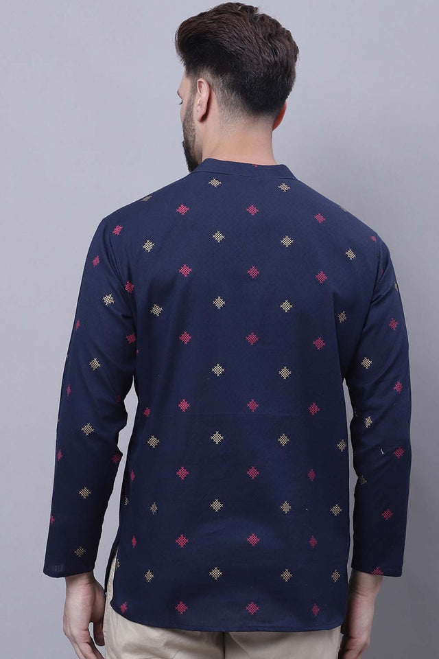 Men's Blue Cotton Check Print Short Kurta Top - L