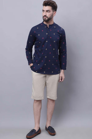 Men's Blue Cotton Check Print Short Kurta Top - L