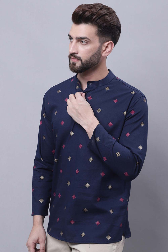 Men's Blue Cotton Check Print Short Kurta Top - L