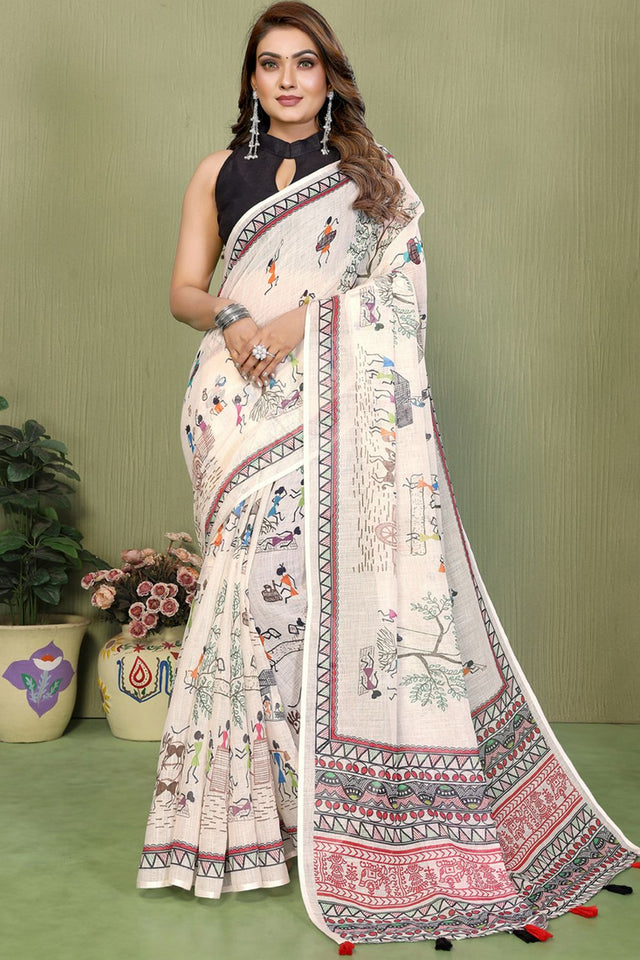 White Printed Cotton Saree (SL-10)