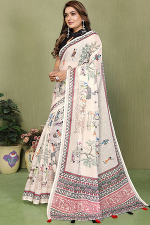 White Printed Cotton Saree (SL-10)