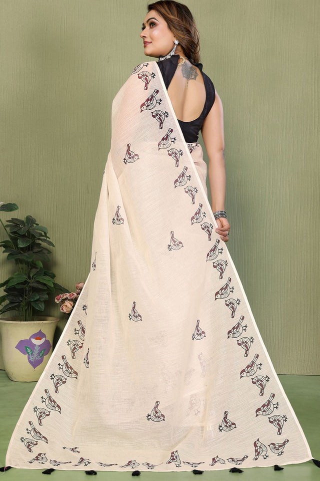 White Printed Cotton Saree (SL-12)
