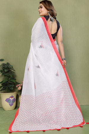 White Printed Cotton Saree (SL-13)