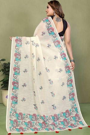 White Printed Cotton Saree (SL-14)