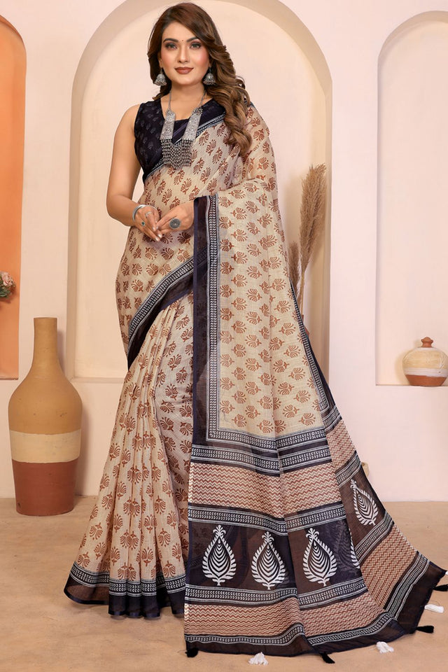 Beige Printed Cotton Saree (SL-23)