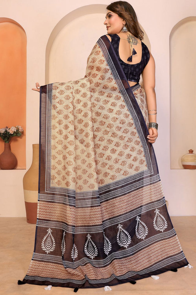 Beige Printed Cotton Saree (SL-23)