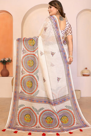Cream Printed Cotton Saree (SL-24)