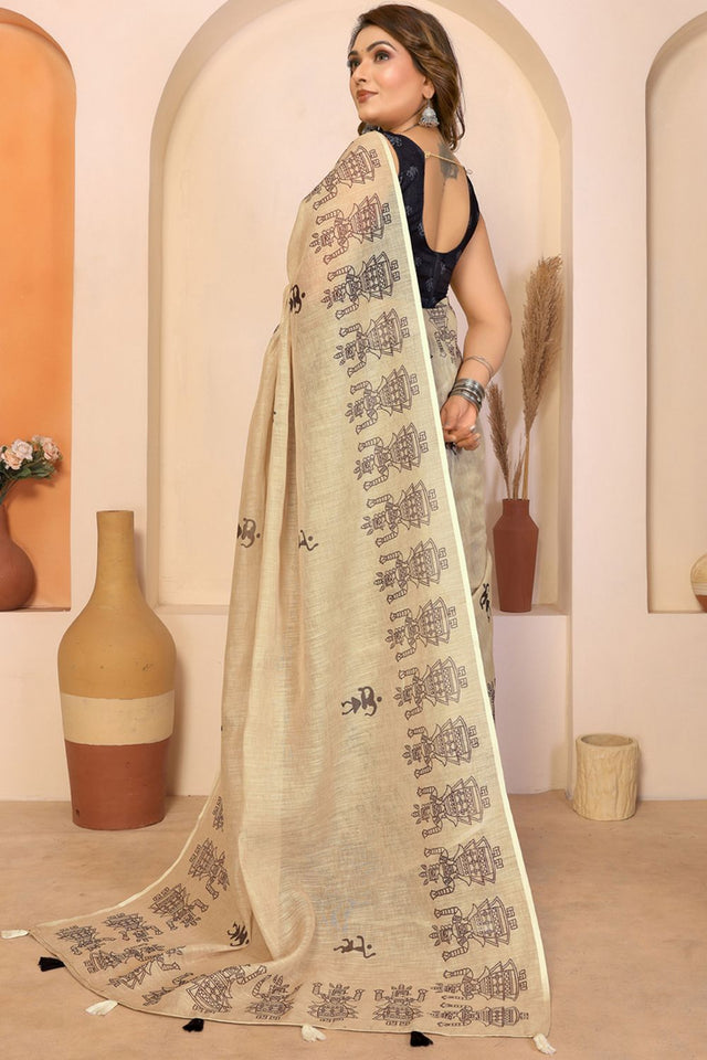 Beige Printed Cotton Saree (SL-25)