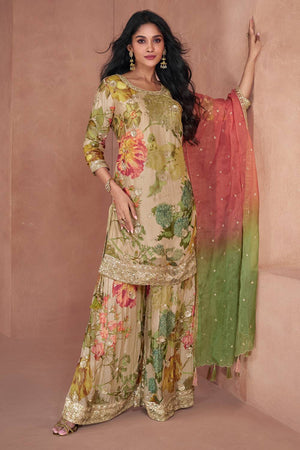 Beige Floral Printed with Embroidered Georgette Palazzo Suits