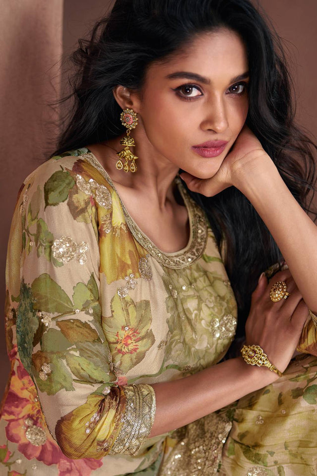 Beige Floral Printed with Embroidered Georgette Palazzo Suits