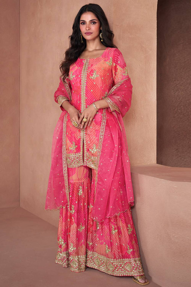 Pink Sequin With Embroidered Georgette Palazzo Suits