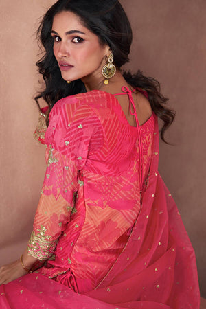 Pink Sequin With Embroidered Georgette Palazzo Suits
