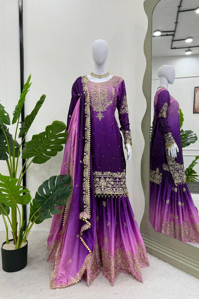 Lavender Sequin with Embroidered Silk Palazzo Suits