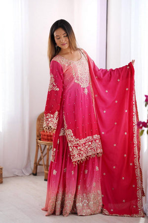 Pink Sequin with Embroidered Silk Palazzo Suits