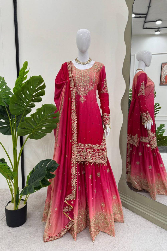 Pink Sequin with Embroidered Silk Palazzo Suits