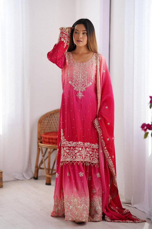 Pink Sequin with Embroidered Silk Palazzo Suits