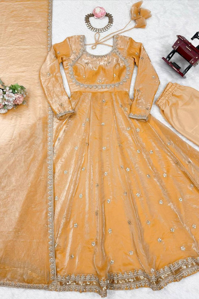 Gold Sequin with Embroidered Silk Anarkali Suits