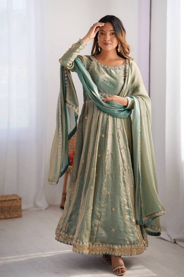 Olive Green Sequin with Embroidered Silk Anarkali Suits
