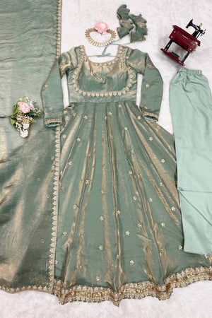 Olive Green Sequin with Embroidered Silk Anarkali Suits