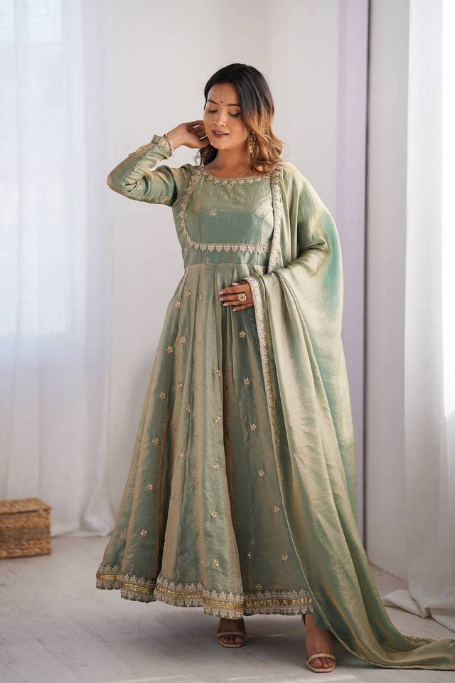 Olive Green Sequin with Embroidered Silk Anarkali Suits