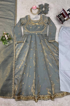 Grey Sequin with Embroidered Silk Anarkali Suits