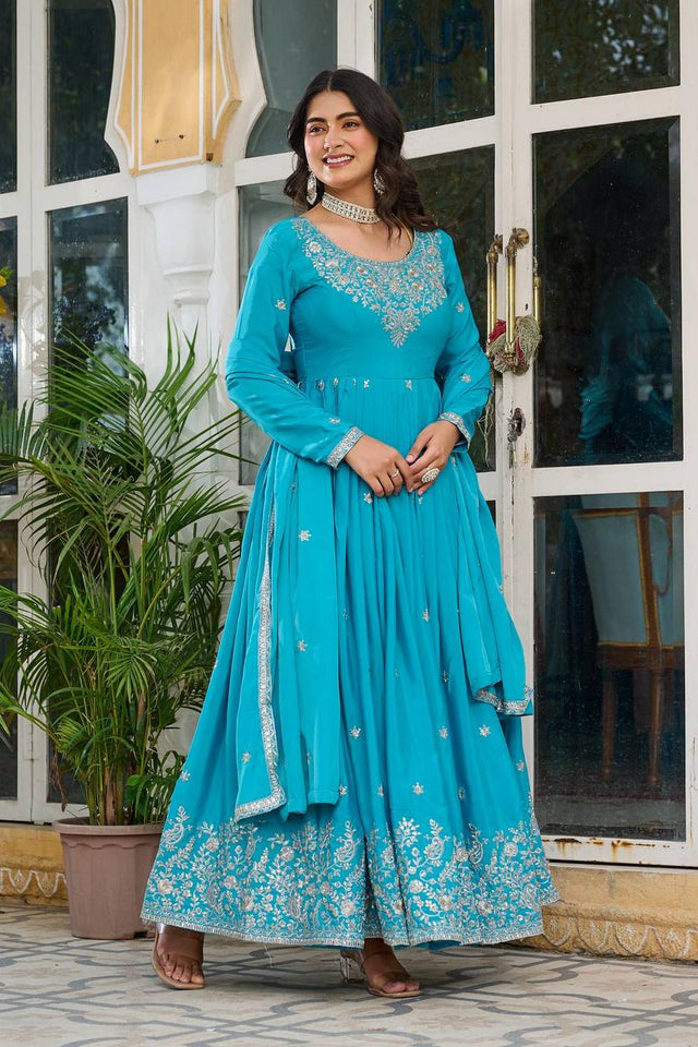 Blue Floral Embroidered Silk Gown (SP-08-Blue)