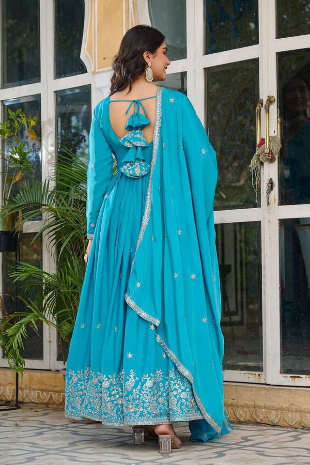 Blue Floral Embroidered Silk Gown (SP-08-Blue)